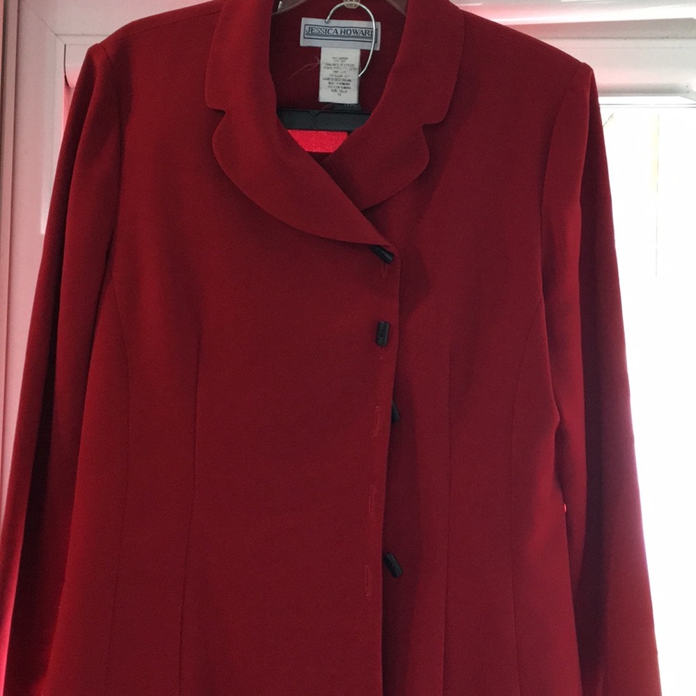 Two piece red suit.